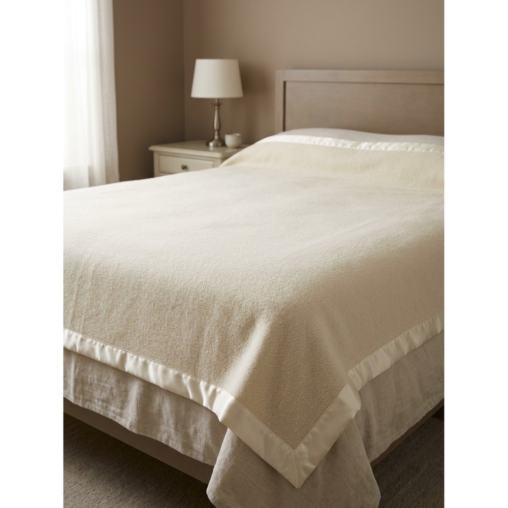 Poyet Motte France Pure New Wool Queen Blanket Cream Satin Trim 94x90 Bedding